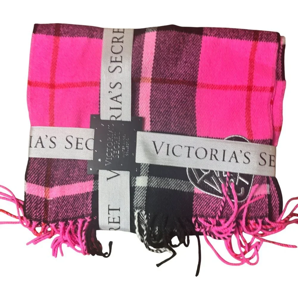NWT 2 Victorias Secret Cozy Scarves Sparkle Buffalo Check Pink‎ & Red Plaid